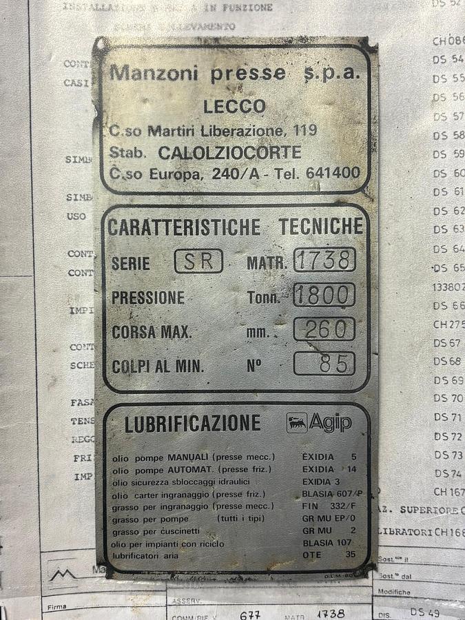 Used 1800 tons Press Hot Forging Manzoni SR1800