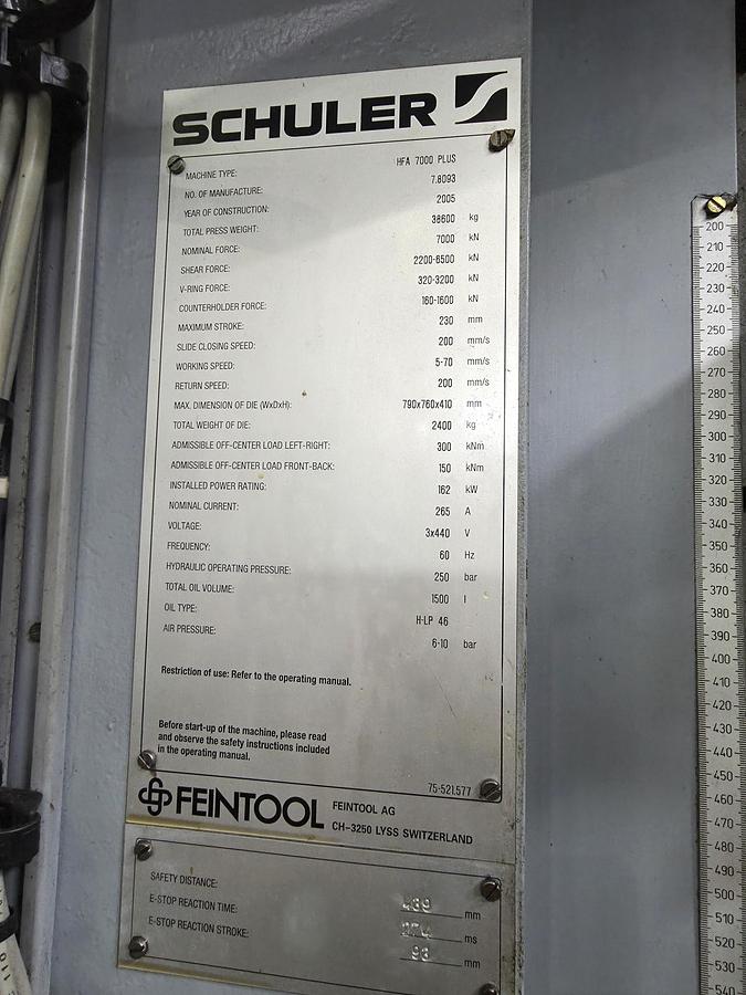 Used 700 tons Press Fineblanking Mechanical Schuler HFA7000Plus