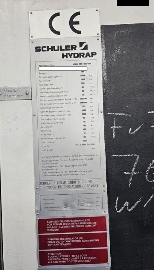 Used 1000 tons Press Hydraulic Schuler HPDZb 1000-4000/2500