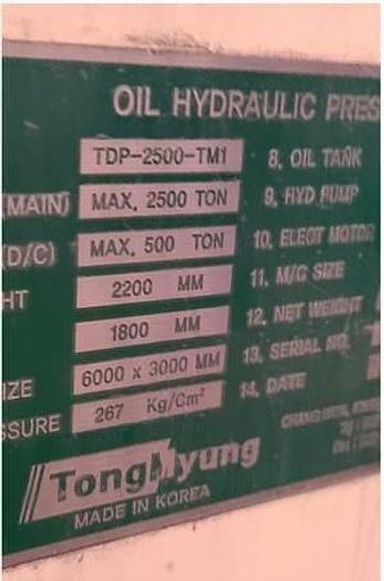Used 2500 tons Press Sheet Stamping Hydraulic TongMyung TDP-2500-TM1
