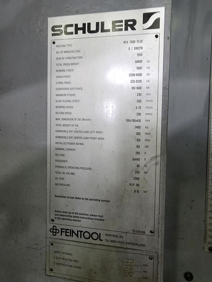 Used 700 tons Press Fineblanking Mechanical Schuler HFA7000Plus