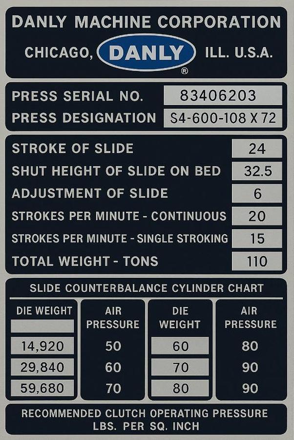 Used 600 tons Press Sheet Stamping Mechanical Danly S4600108 - 72