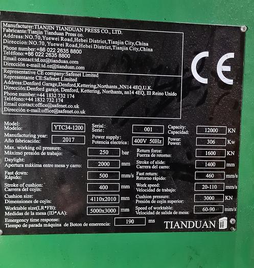 Used 1200 tons Press Sheet Stamping Hydraulic Tianjin YTC34-1200