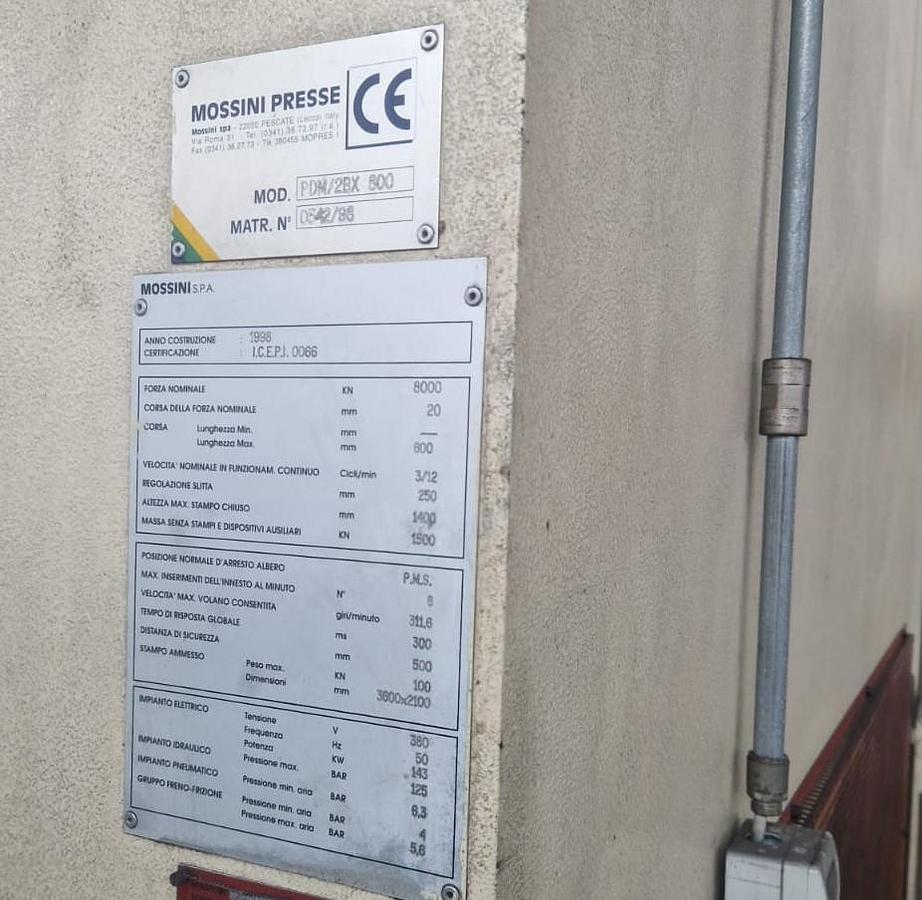 Used 800 tons Press Sheet Stamping Mechanical Mossini PDM2B X 800