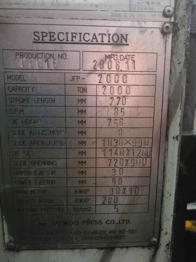 Used 2000 tons Hot Forging Line Jaewoo FP2000