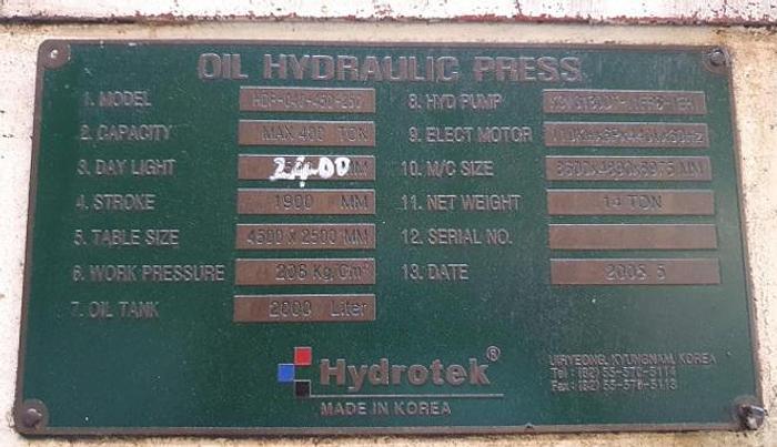 Used Press Die Spotting Hydraulic Hydrotek DP-400