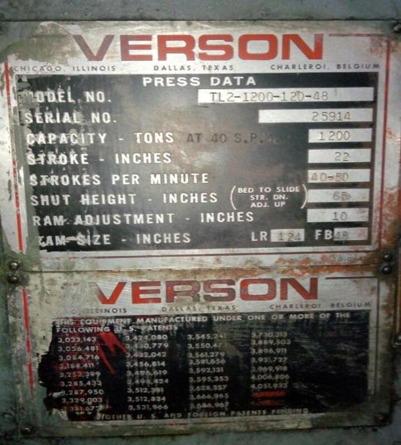 Used 12000 tons Press Cold Forging Verson TL2-1200-120-48