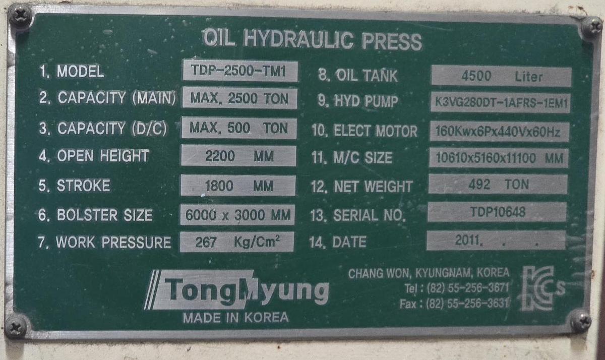Used 2500 tons Press Sheet Stamping Hydraulic TongMyung TDP-2500-TM1