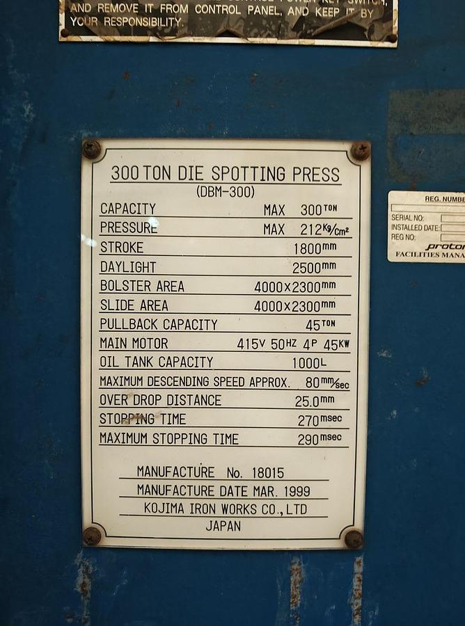 Used 1800 tons Press Die Spotting Hydraulic Kojima PDH-1800