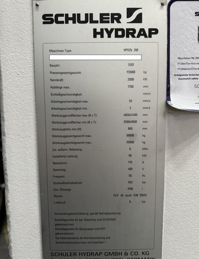 Used 200 tons Press Hydraulic Schuler HPDZb 200