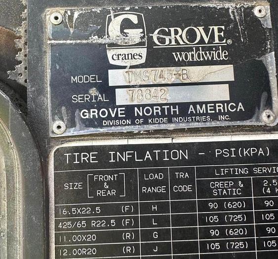 Used 1993 GROVE TMS 745 B HYDRAULIC CRANE