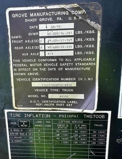 Used 1993 GROVE TMS 745 B HYDRAULIC CRANE