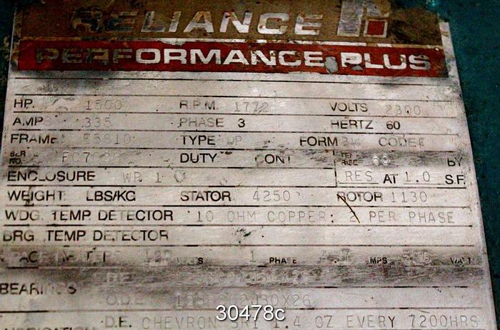 Used Reliance 1500 HP, 2300 VOLT, 1772 RPM AC Motor #30478