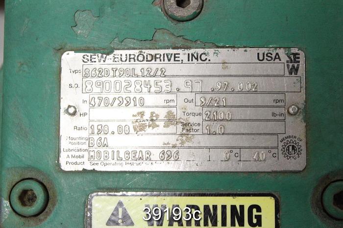Used Refiner Set-Up Motor, 3 HP with Sew Eurodrive Gearbox #39193
