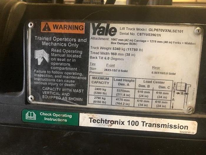Used 7,000 LB YALE FORKLIFT MDL. GLP070 MFG. 2015 ONLY 3,024 HOURS