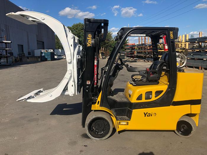 Used 12,000 POUND YALE ROLL CLAMP TRUCK MODEL GLC120VXPRS W/ 72" CLAMP MFG. 2015 RAISED MAST 185"