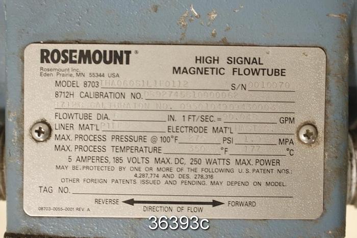 Used Rosemount 8703THA060S1L1F0112 6" Magnetic Flow Tube #36393