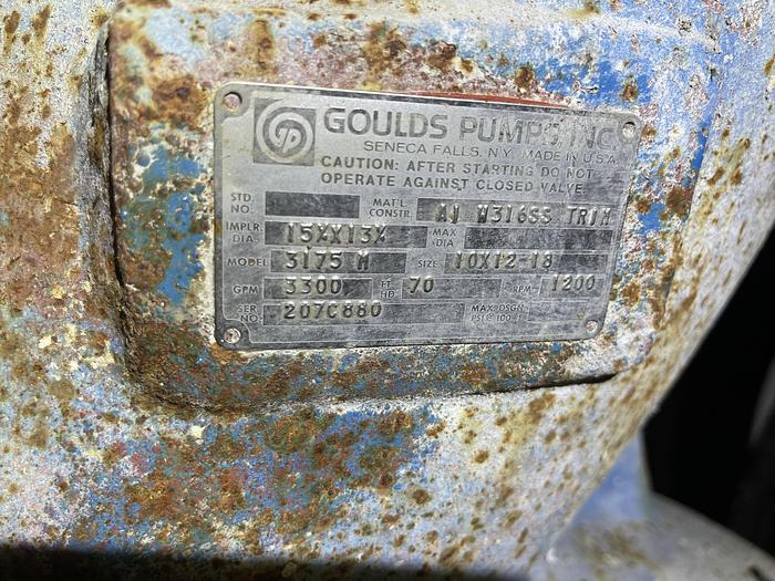 Used GOULDS 3175S 10X12- 18 316 S/S CENTRIFUGAL PUMP 316 SS TRIM 100 HP MOTOR