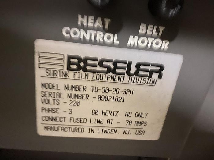 Used BESELER HEAT SHRINK TUNNEL MODEL TD-30-26-3PH