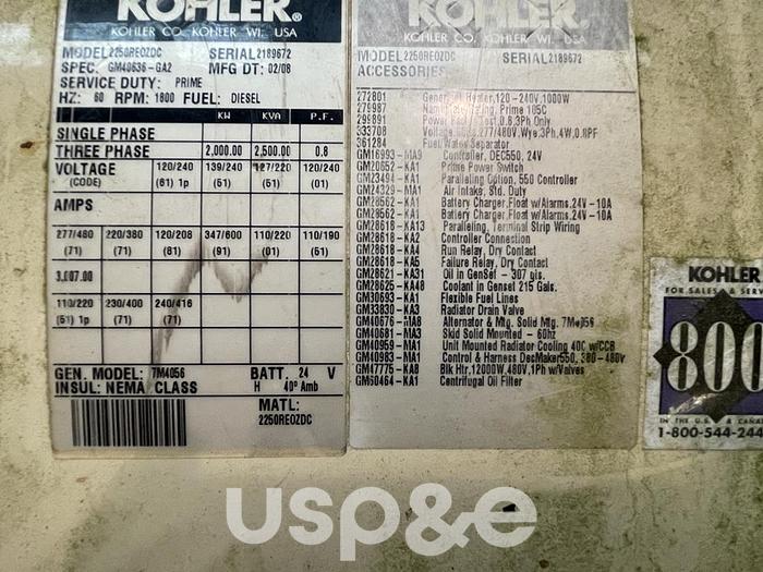 2 MW 2007 New Kohler 2250REOZDC Diesel Generator
