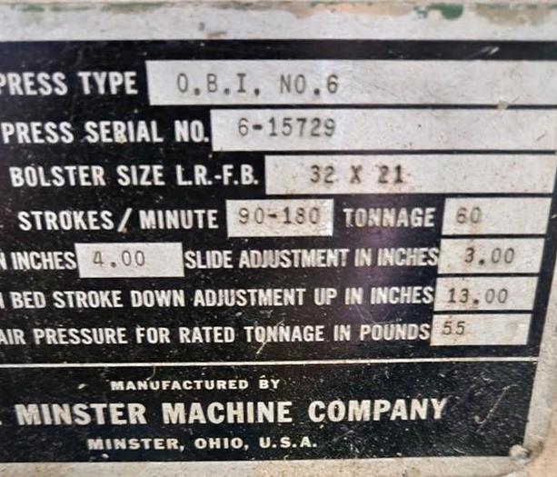 Used 60 TON MINSTER "6" O.B.I. PRESS for Sale in Cincinnati, Ohio
