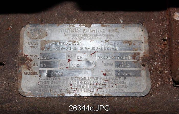 Used Buffalo CRCV Buffalo Pump, Size 509, 7-1/4" Impeller Diameter, Ductile Iron Casing, Ductile Iron Stuffing Box, 150 Gpm, 50 Ft Head, 1750 Rpm, Clockwise Rotation #26344