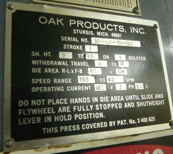 Used 30 Ton, OAK, No. 30-LP-30, 1983, SSDC HIGH SPEED PRESS
