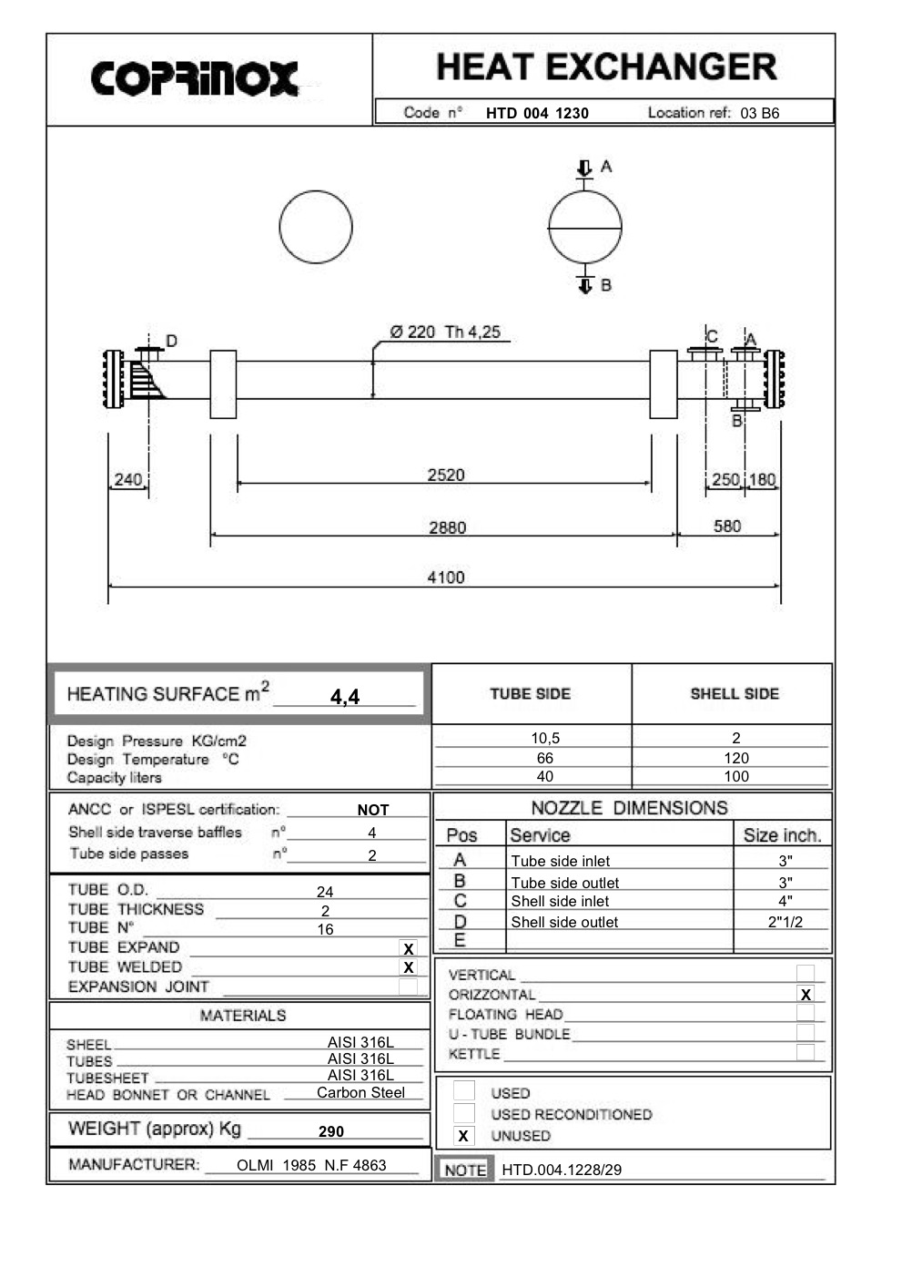Usato Scambiatore di calore OLMI  1985  N.F 4863 da 4,4 metri quadrati