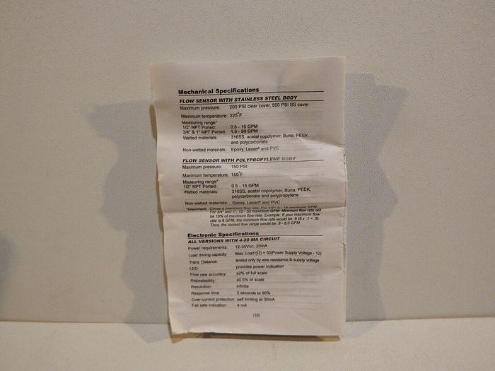 NEW - FlowStat VCB7.5VES - AW-Lake VCB Sight Flow Transmitter GHA-98