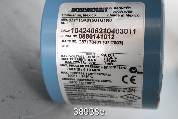 Used Rosemount 8711TSA015U1G1N0 1.5" Magnetic Flow Tube with Transmitter #38938