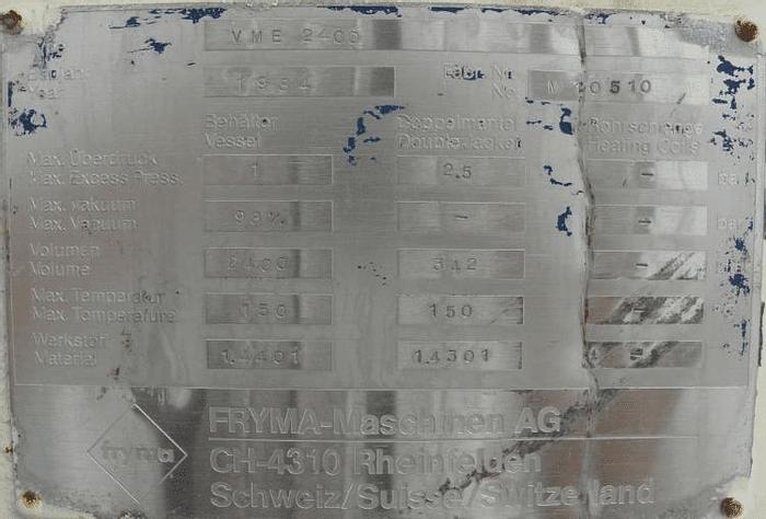 Used 600 GALLON (2400 LITER) FRYMA VACUUM PROCESSING MIXER – S/S – JACKETED