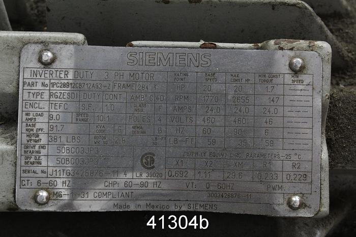 Used Siemens RGZESDI A/C Motor, 20 Hp, 1770/2655 Rpm, 460 Volt #41304