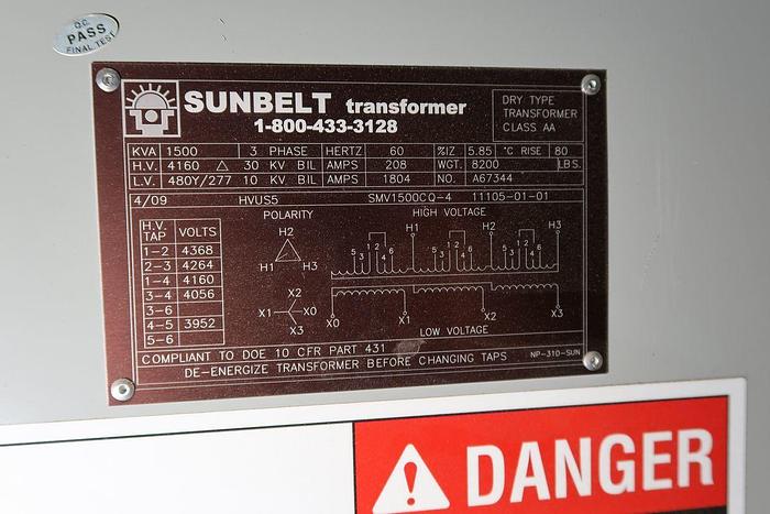 Used 2009 SUNBELT SMV1500CQ-4 1500 KVA DRY TYPE TRANSFORMER