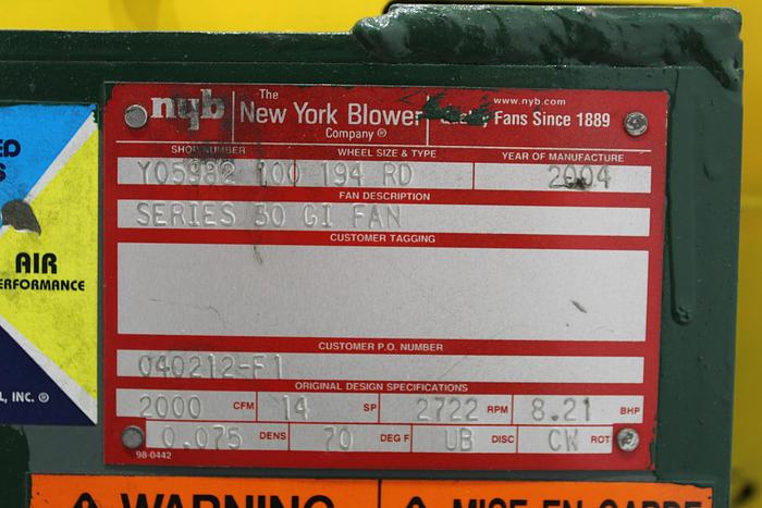 Used New York Blower Series 30 GI Fan 194 RD #43790