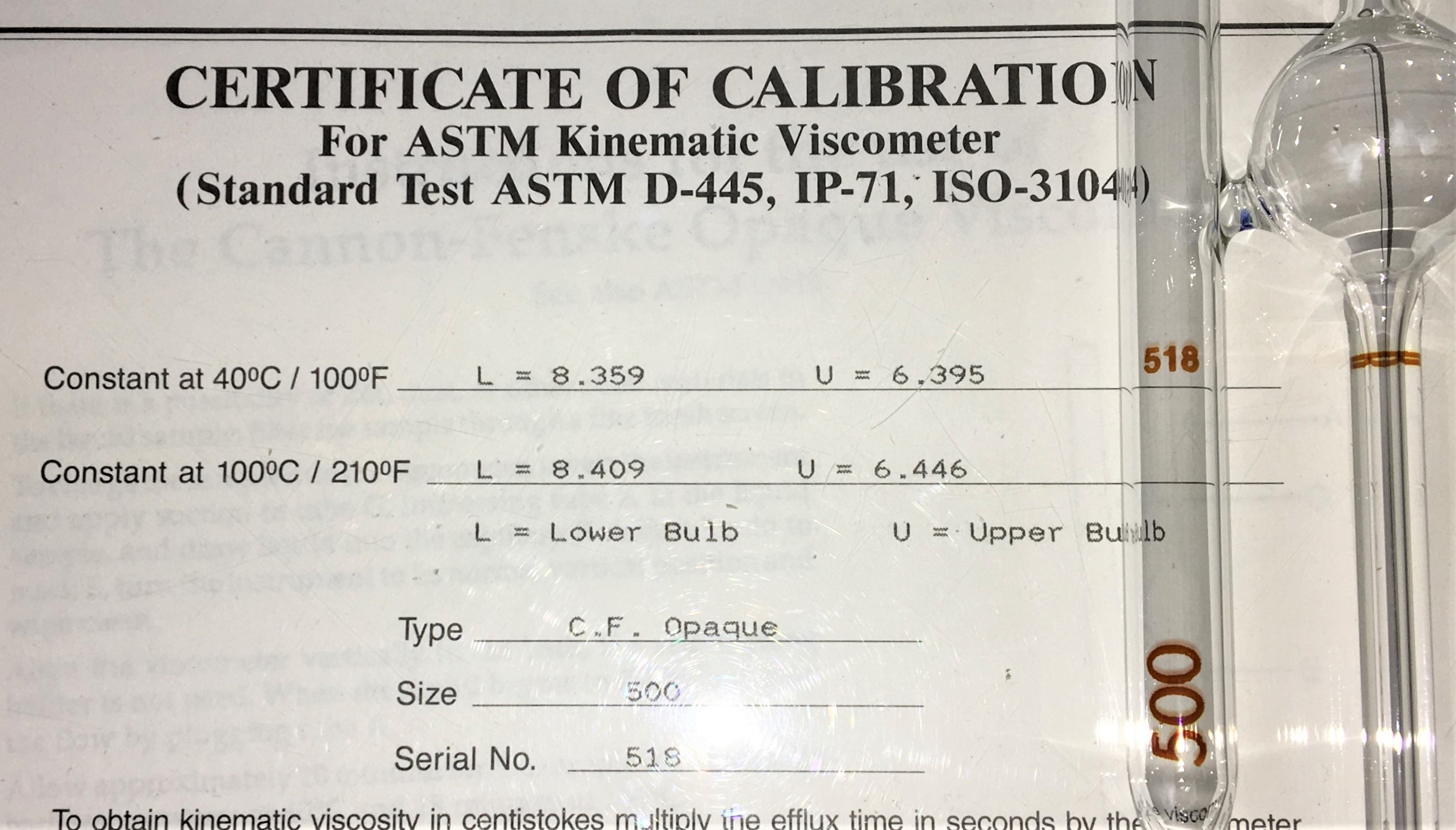 New Open Box Cannon-Fenske CFOC-500 (9721-F80) Certified Opaque Viscometer Tube - Size 500