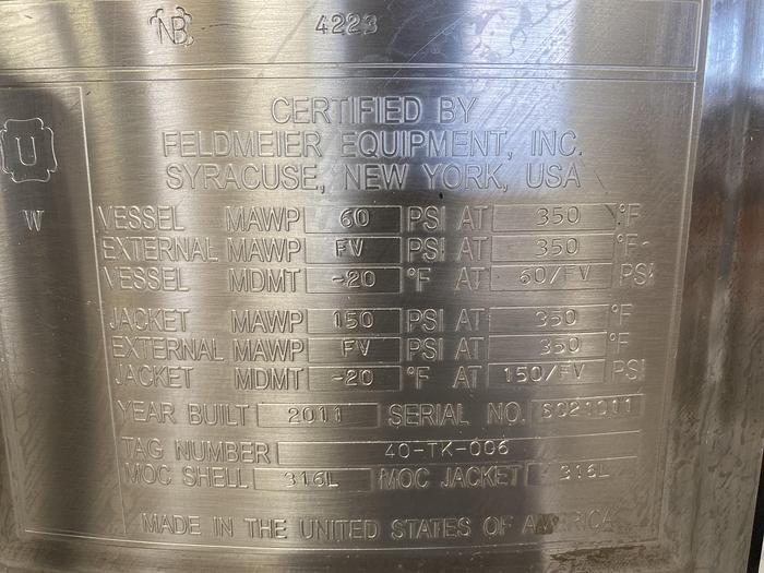 Used Feldmeier 600 Liter Stainless Steel 60 PSI Jacketed Vessel w/ Bottom Agitator