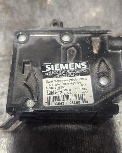 Used Siemens 60 Amp 2 Pole Bolt-on Circuit Breaker B260 60 Hz - GHA-136