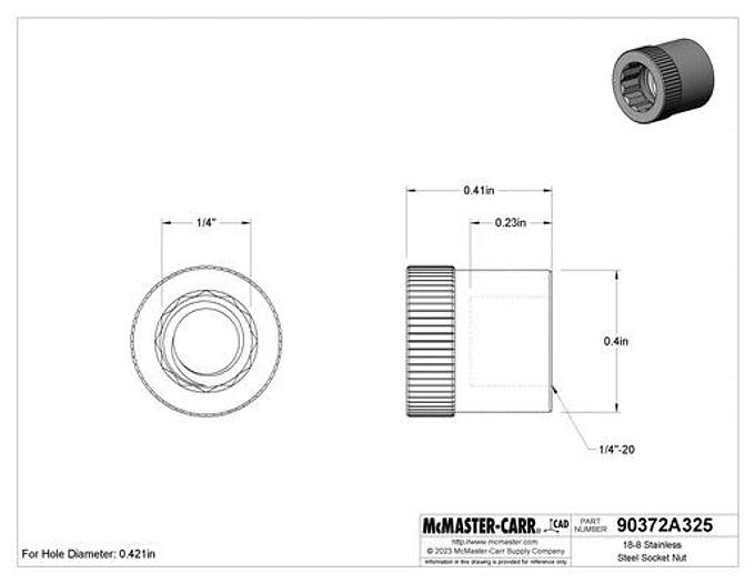 5 Pcs - 18-8 Stainless Steel Socket Nut 1/4"-20 Thread Size - New - GHGC-D8