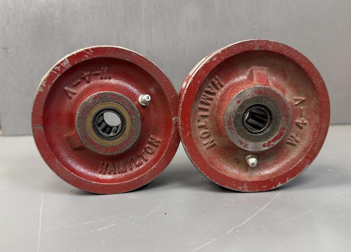 Used LOT OF 2 HAMILTON W-4-V-3/4 V-GROOVED CASTER WHEEL 4" DIA X 3/4" ID ROLLER BEAR.