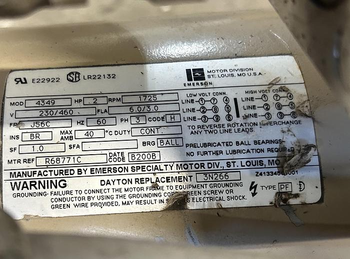 Used Emerson Vacuum Pump, Rotary Vane, Mdl 4349, 2 HP, 1720 RPM - GHB-47