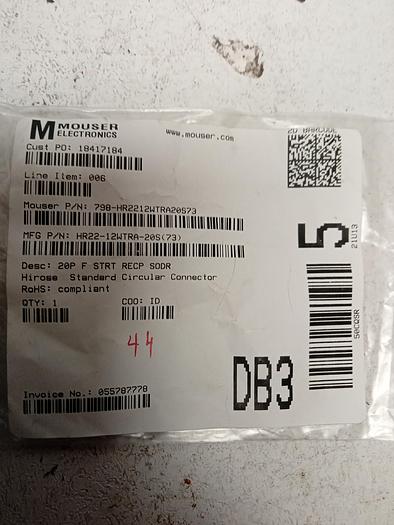 Used Mouser Electronics Hirose Standard Circular Connector HR22-12WTRA-20S(73) 20P F Strt Recp Sodr 2A GH110