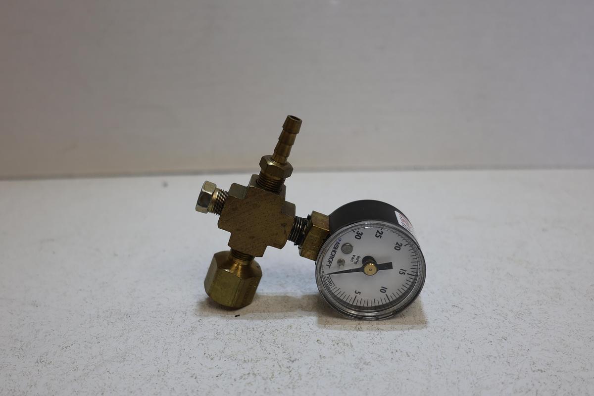 Used Ashcroft 0-30 inHg Vacuum Gauge Brass Manifold Hose Barb Assembly Used
