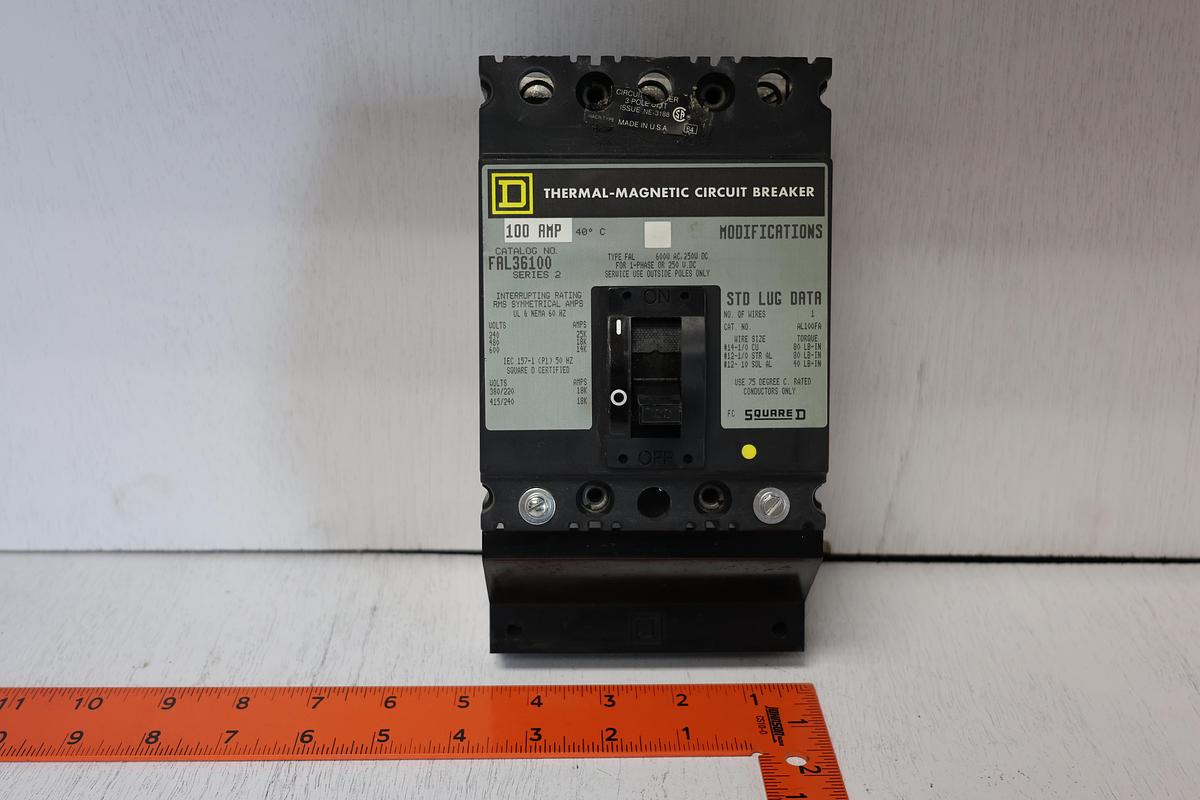 Used Square D FAL36100 Ser. 2 Thermal Magnetic Circuit Breaker 100A 3 Pole 600V GHA 181
