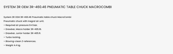 Used  System 3R OEM 3R-460.46 Pneumatic Table Chuck MacroCombi GH108