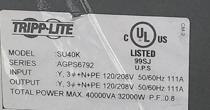 Used Tripp-Lite Smart UPS, On-Line, Tower, 40kVA, 120/208VAC, MDL: SU40K