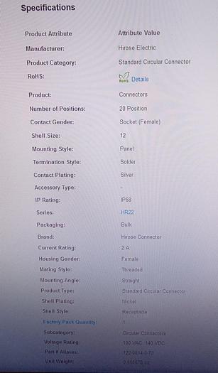 Used Mouser Electronics Hirose Standard Circular Connector HR22-12WTRA-20S(73) 20P F Strt Recp Sodr 2A GH110