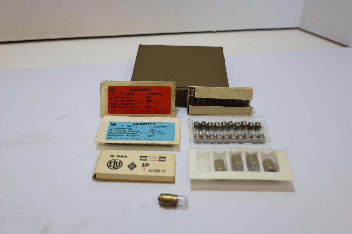 Vintage Schurter Fuse & Miniature Lamp Assortment Lot – 50 Fuses + 5 Bulbs NOS
