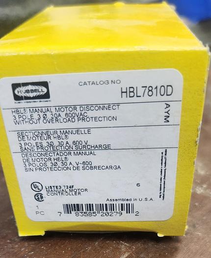 Hubbell HBL7810D Manual Motor Disconnect Switch 3 Pole 30A 600V - GHA-118