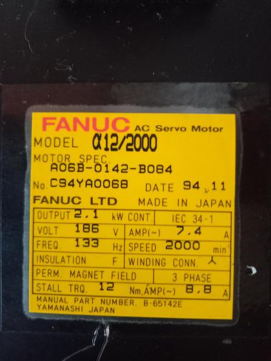 Used FANUC AC Servo Motor A06B-0142-B084 2000 RPM, 7.4A, 3PH GH501