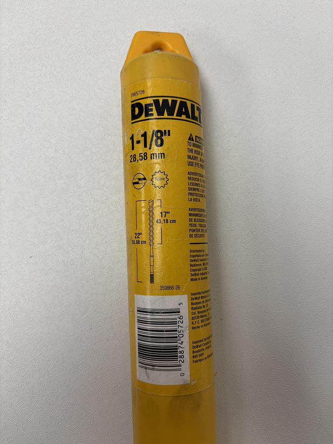 Used DeWALT 1-1/8" x 17" x 21" DRILL BIT, SPLINE, DW5726, GHC-30